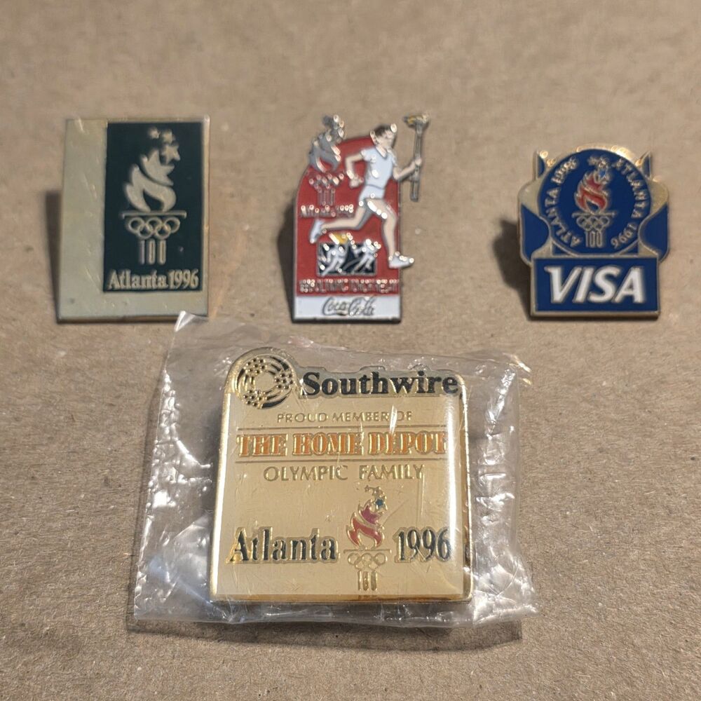 1996 Atlanta Olympic Pins 4 Pieces Coca Cola, Home Depot, Visa & Atlanta 100